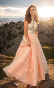 Halter Beaded Peach Long Trumpet Prom Dress with Crinoline