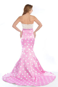 Strapless Beads Top Pink Mermaid Long Prom Evening Dress with Long Train