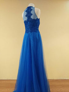 Blue Scoop Beads Lace Top Tulle Long Prom Dress