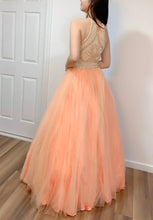 Load image into Gallery viewer, Halter Beaded Peach Long Trumpet Prom Dress with Crinoline
