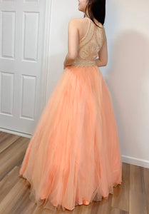 Halter Beaded Peach Long Trumpet Prom Dress with Crinoline